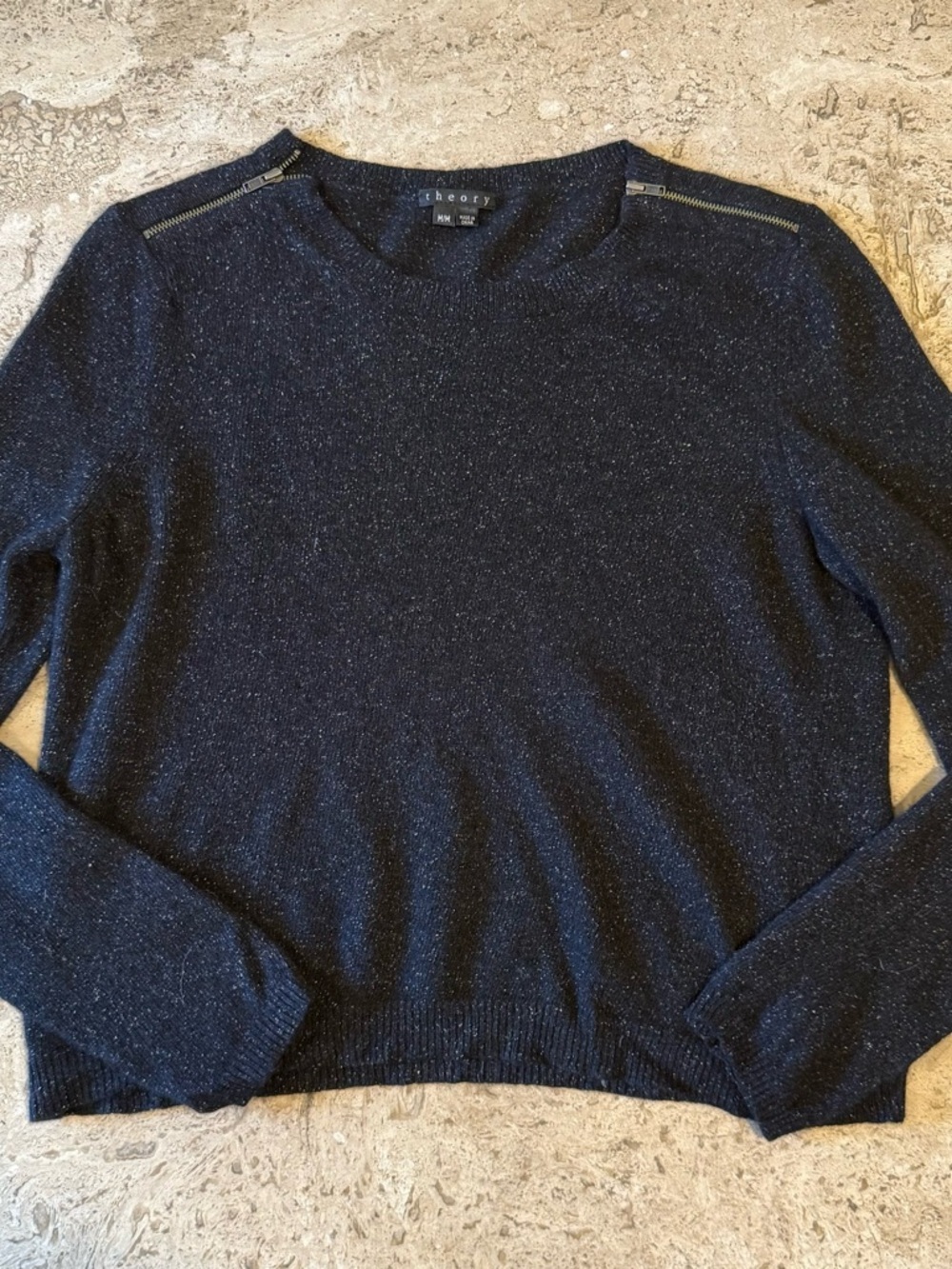 THEORY Black Speckled Cashmere Silk Blend Crewneck Sweater w/ Zipper Details